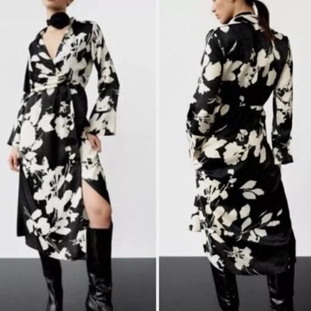 NWT Zara Black & Off White Satin Effect Wrap Floral Print Midi Dress, Size XS